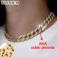15mm Iced Out Bling Rhinestone Golden Finish Miami Cuban Link Chain Necklace Men's Hip hop Necklace Jewelry 18, 20,24,30 Inch hip hop square zircons mixed with 15mm cuban necklace for men s hip hop jewelry