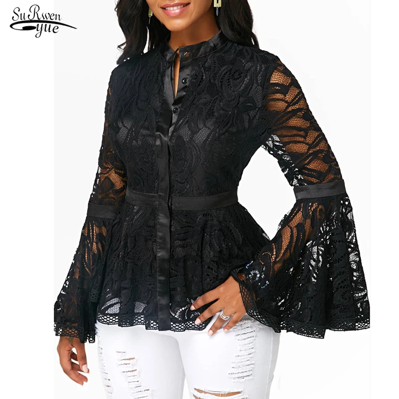 Blusas Mujer 2021 Новый размера плюс Для женщин Кружева длинными расклешенными рукавами