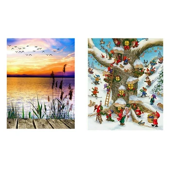 

2 Set DIY Diamond Embroidery Diamond Painting Full Drill Cross Stitch Home Decoration, Landscape Lake & Snowman Dwarf