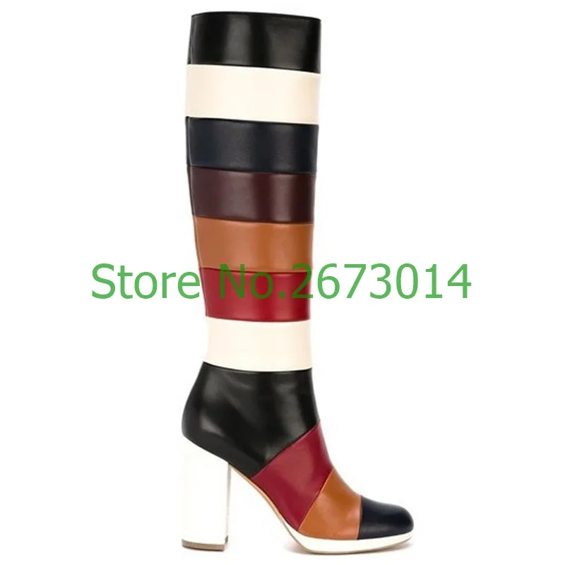 

Woman Leather Platform Square Heels Super High Heels Gingham Boots Woman Mid-Calf Round Toe Boots