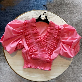 

HIGH STREET Newest Fashion 2020 Designer Blouse Women's V-Neck puff sleeve Ruffles Blouse Top