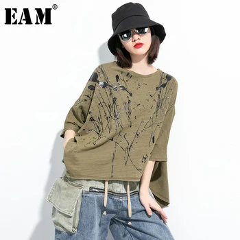 

[EAM] Women Green Pattern Printed Big Size T-shirt New Round Neck Three-quarter Sleeve Fashion Tide Spring Summer 2020 1U028