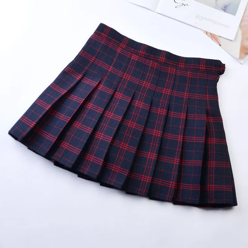 Red dark blue plaid JLI может Высокая талия плиссированная короткая юбка сплошной плед Империя похудения выше колена Юбки Харадзюку сладкий нормкор консервативный стиль - Цвет: Red dark blue plaid