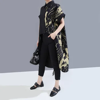 

New Women Korean 2020 Summer Oversized Black Loose Blouse Shirt Half Printed Long Back Lady Big Size Casual Asymmetric Blouses