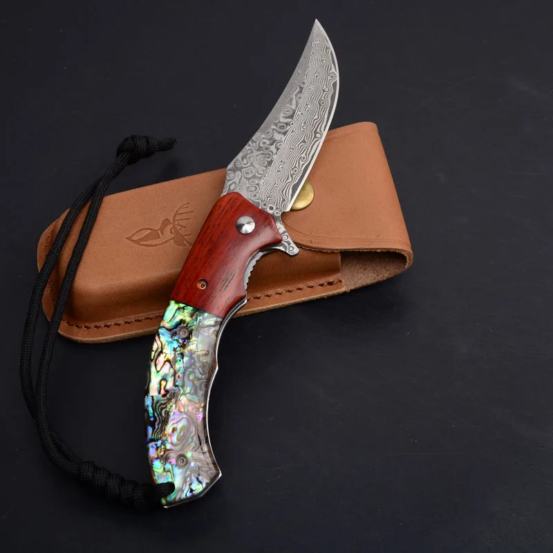

ELK Damascus Tactical Folding Knife Abalone Shell Handle Outdoor Camping Hunting Survival Pocket Utility EDC Tools