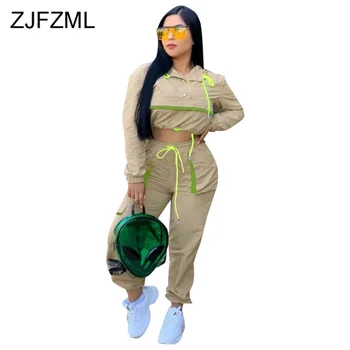 

2020 Spring Fashion Plus Size 2 Piece Female Tracksuit Button Turn Down Collar Long Sleeve Crop Tops+High Waist Drawstring Pants
