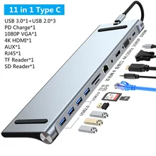 Concentrador de puertos USB tipo C 8/11, 5/6/3,0 en 1, adaptador multipuerto 4K, HDMI, RJ45, SD/TF, VGA, HDMI, PD, para MacBook, iPad, Xiaomi, portátil