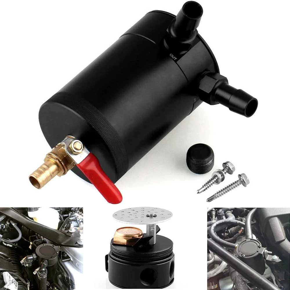 

2 Port Oil Catch Can Tank Fuel Tank Racing Baffled With Drain Valve Air Oil Separator Universal Black Anodized
