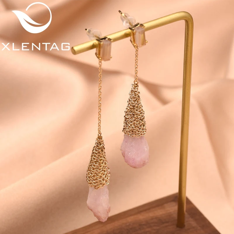 Женские серьги-подвески XlentAg из натурального розового камня с металлическим