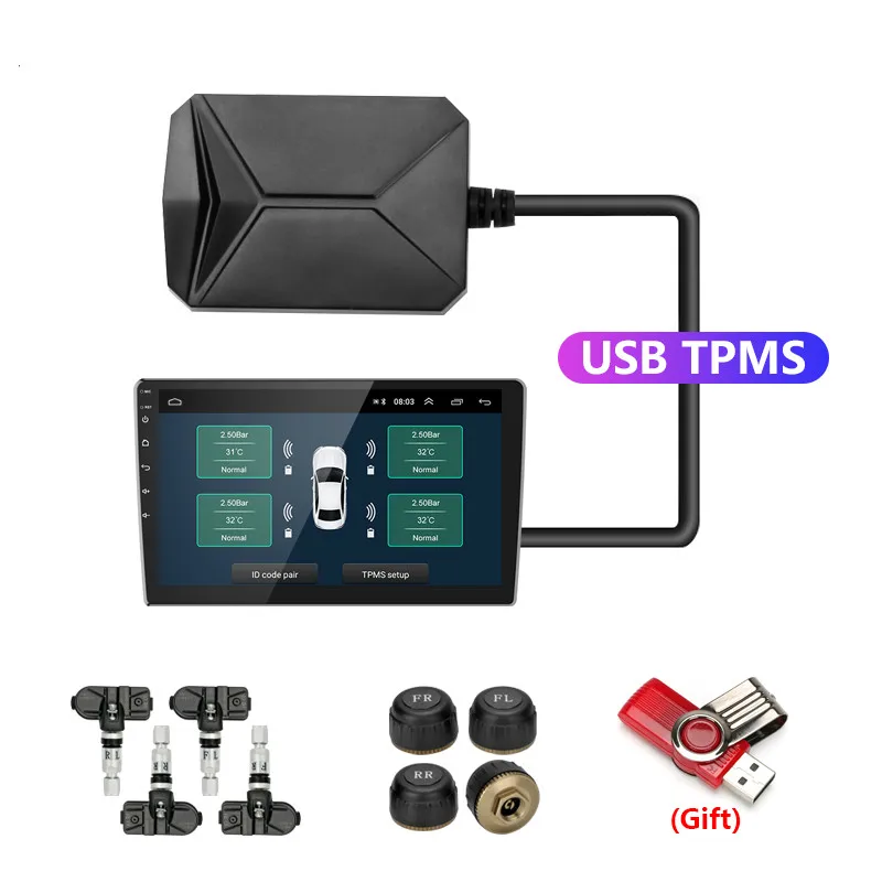 Vtopek USB TPMS автомобильная система контроля давления в шинах мониторинг в реальном времени для автомобиля Android Playe беспроводные внутренние датчики