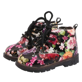 

2020 Autumn Winter Princess Girls Boots Girls Print Ankle Martin Boots Flat With Warm Felt Zipper Snow Boots