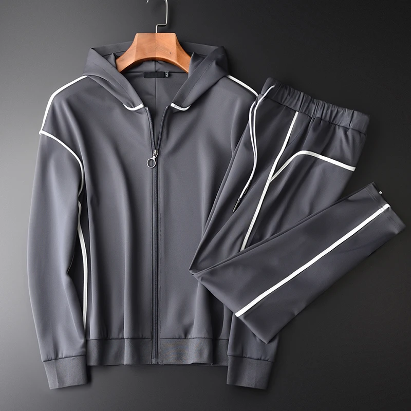 Мужские толстовки Роскошные высокой плотности спандекс ткань Slim Fit Толстовка для мужчин 2 шт.(толстовки+ брюки) серый мужские толстовки с капюшоном