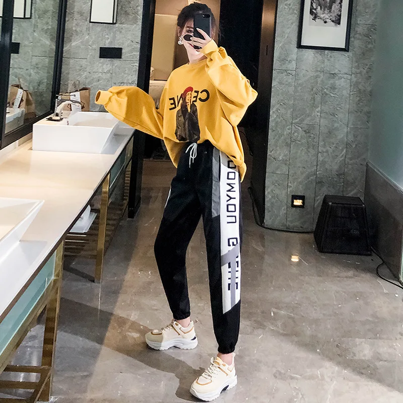 

2020 New Summer Loose Women Pants Casual Style Letter Print Patchwork Korean High-waisted Ankle-length Harem Pants Free Shipping