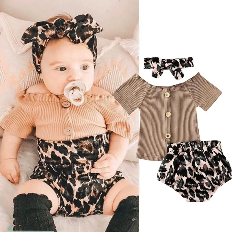 

2020 Summer Toddler Baby Girl Clothes Button Cotton T shirt Knitted Striped Off shoulder Tops Leopard Shorts Set Outfits 3PCS