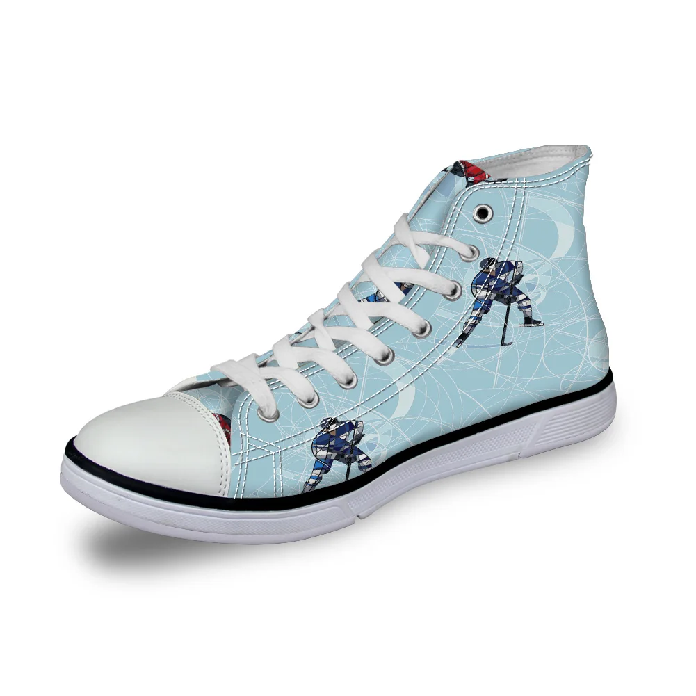 

WHEREISART Women Canvas Shoes Cartoon Hockey Sport Blue High Top Flats Vulcanized Shoes Female Casual Shoes Sneakers