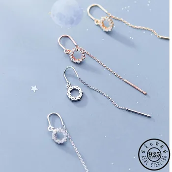 

925 Sterling Silver Cubic Zircon Round Shape Ear Threader Rose Gold Color Long Chain Dangle Drop Earrings for Women