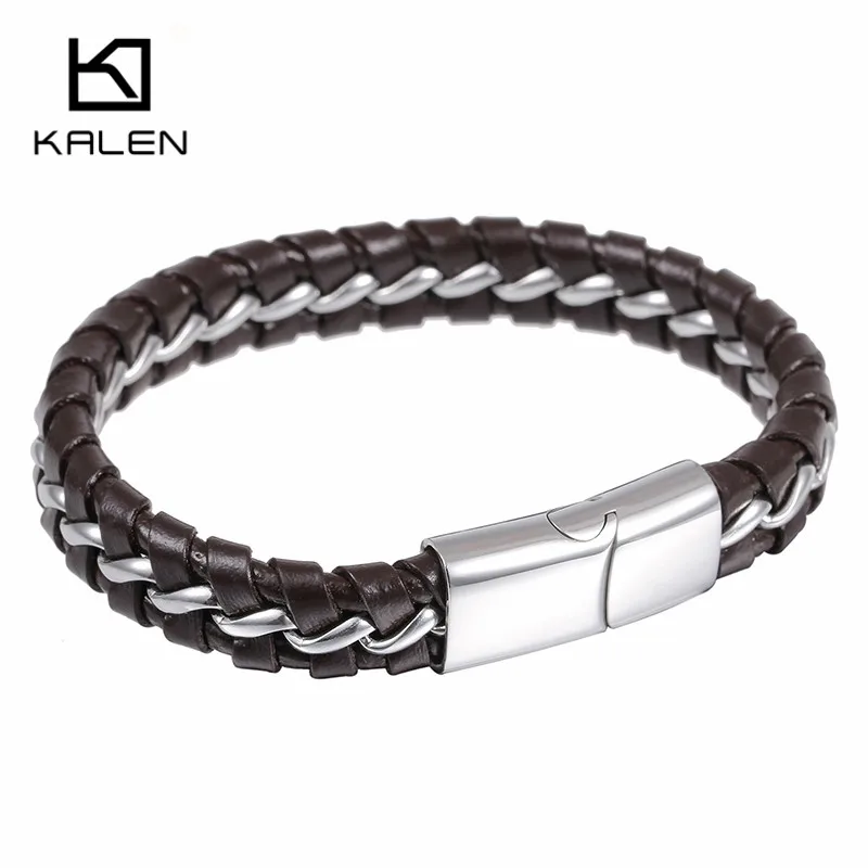 Мужские китайские ювелирные изделия 21 см из нержавеющей стали мужские дешевые плетеные кожаные витые браслеты-цепочки с магнитной застежкой