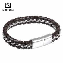 Мужские китайские ювелирные изделия 21 см из нержавеющей стали мужские дешевые плетеные кожаные витые браслеты-цепочки с магнитной застежкой