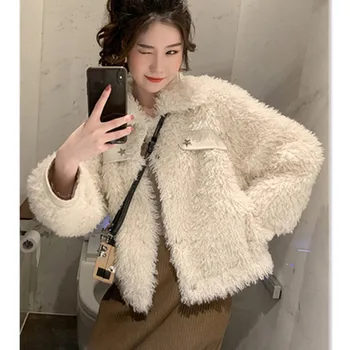 

Elegant French Style Fluffy Lamb Wool Coat Women Sweet Candy Color Winter Coat Thick Warm Single Breasted Fashion Bomber Jacket