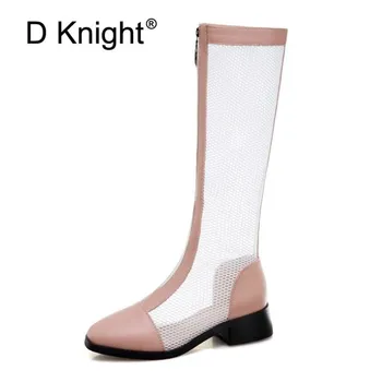 

Plus Size 32-43 Summer Mesh Knee High Boots For Women Fashion Cut-outs High-leg Cool Women Long Boots Shoes Front Zip Lady Boots