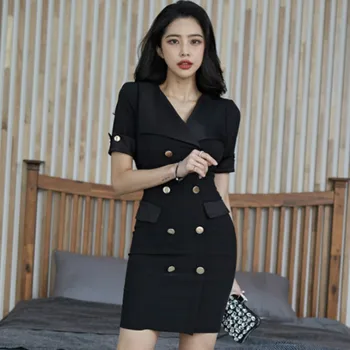 

2020 Spring Korea Turn-Down Collar Short Sleeve Black Dress Double Breasted Mini Bodycon Office Vestidos