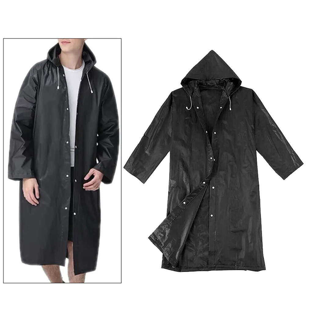 Women Men Fashion Solid Black Rain Poncho Long-Sleeved Hooded Raincoat Waterproof Packable Rain Jacket with Drawstrings