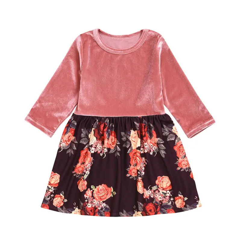 Осенняя Красивая бархатная одежда для маленьких девочек, платье принцессы с длинными рукавами и цветочным принтом, одежда