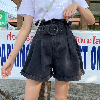 

Personality High-Waisted Denim Shorts Female sheng chun Summer New Vintage Loose Bead Wide Leg Pants Students Slimming Shorts