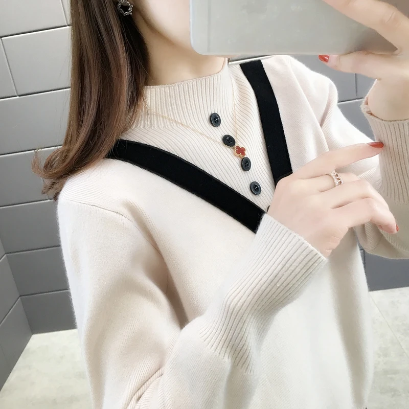 Room 153791 side row No.3 down] actual photo of new half height collar V-shaped color matching button cover knitwear 42 | Женская одежда