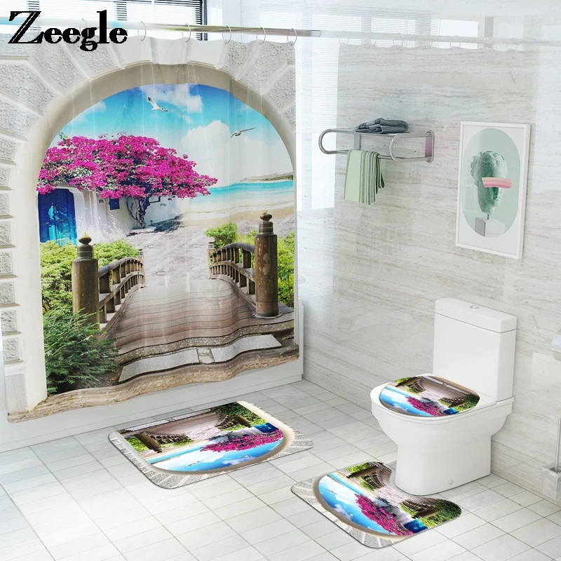 Zeegle Bath Mat and Shower Curtain Microfiber Toilet Carpet Absorbent Bathroom Carpet Non-Slip Foot Mat Set