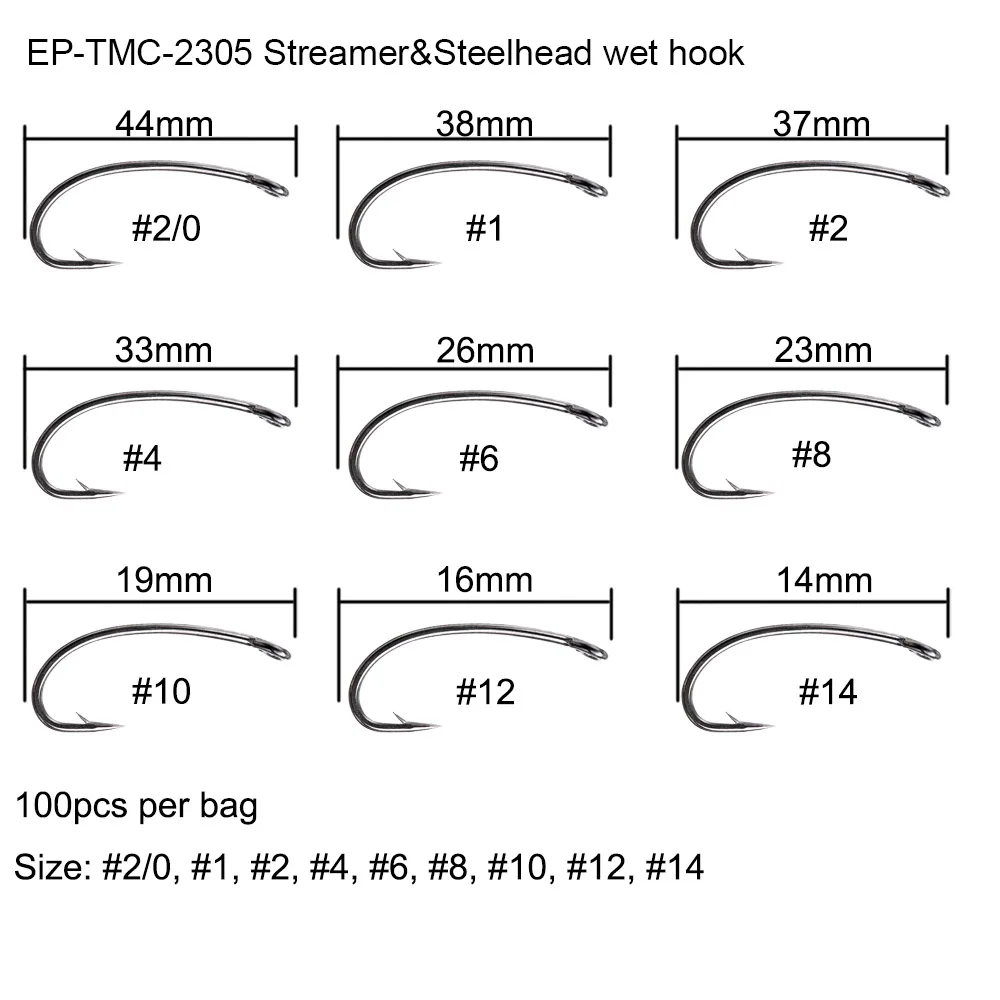 Eupheng, 100 шт., EP-TMC2305, стример, стальной крючок для мокрой рыбалки, 2х тяжелый слегка крючок, изогнутый хвостовик, крючок для ловли нахлыстом - Цвет: EP-TMC2305