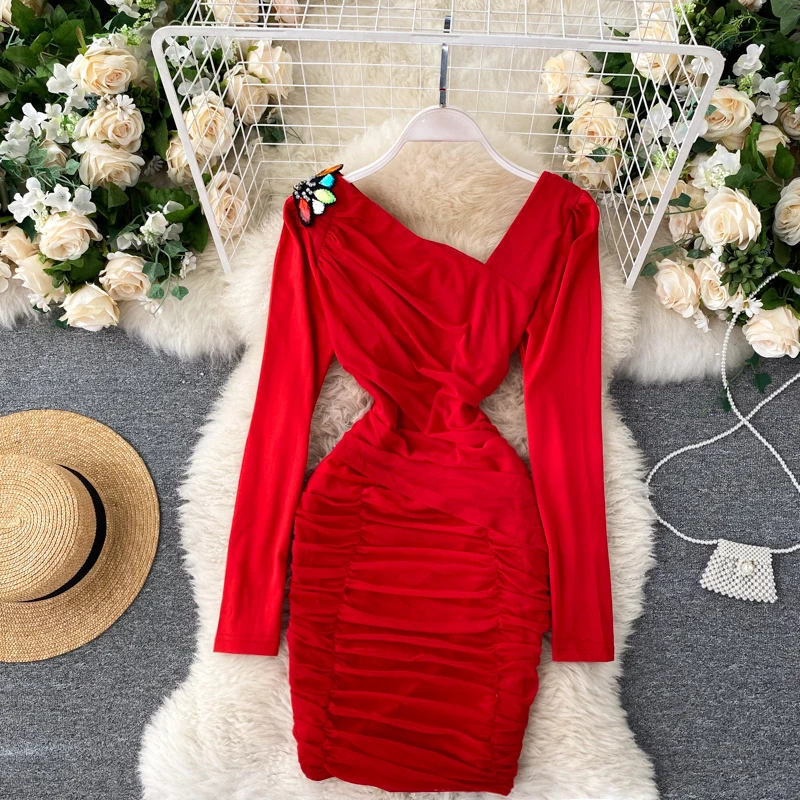 

Autumn Winter Long Sleeve Bodycon Sexy Party Dress For Women Pleated Slim Mini Fashion Female Short Christmas Elegant Clothing