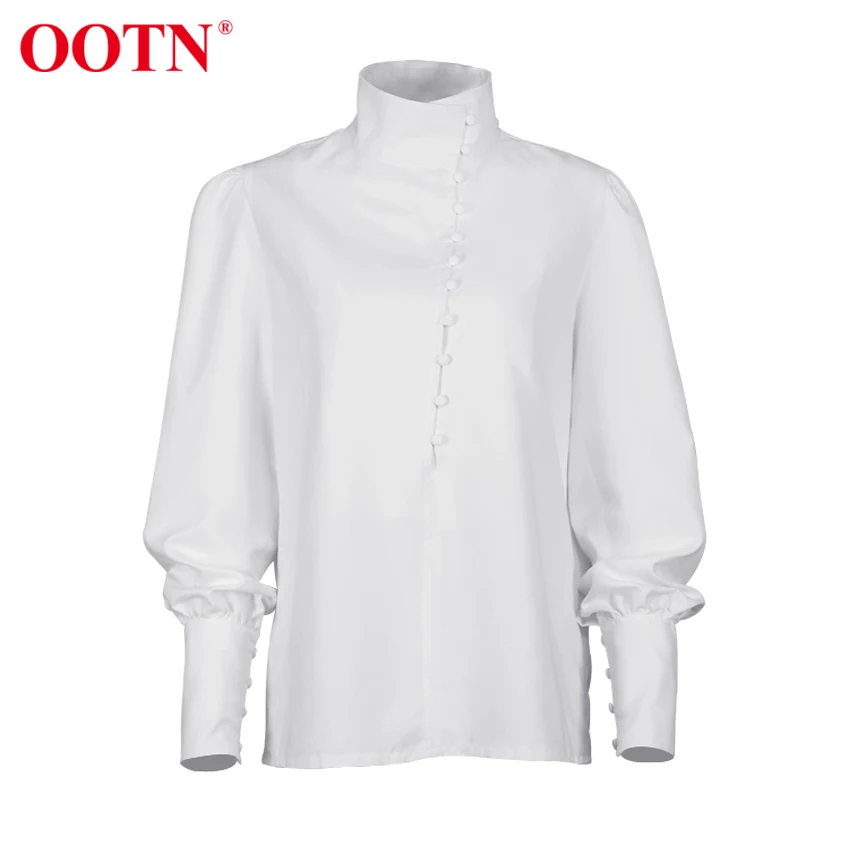 OOTN Elegant Turtleneck Blouse Long Sleeve White Shirt Office Ladies Top Casual Solid Single-Breasted Puff Sleeve Womens Blouses