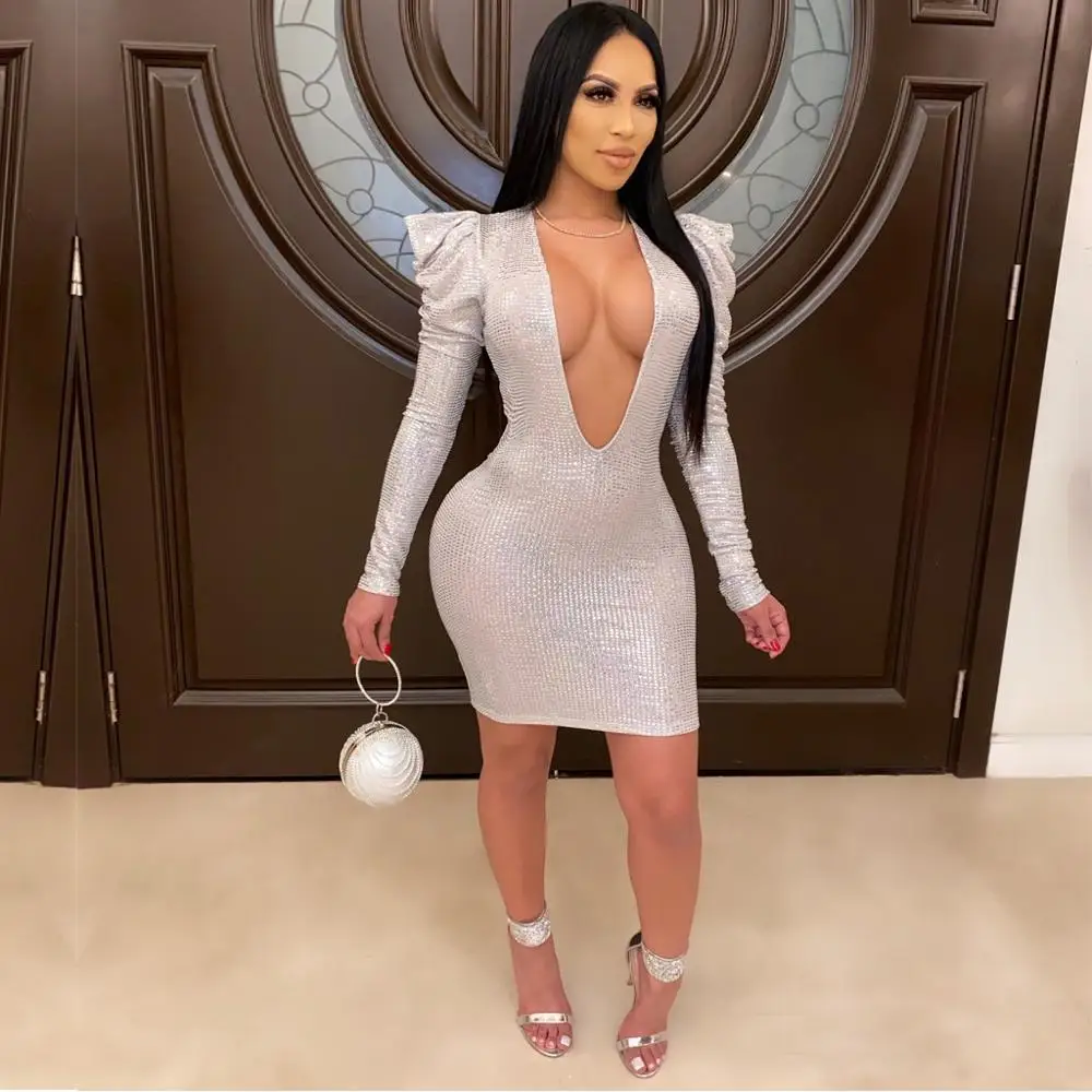 Women Long Sleeve Dress Sexy V Neck 