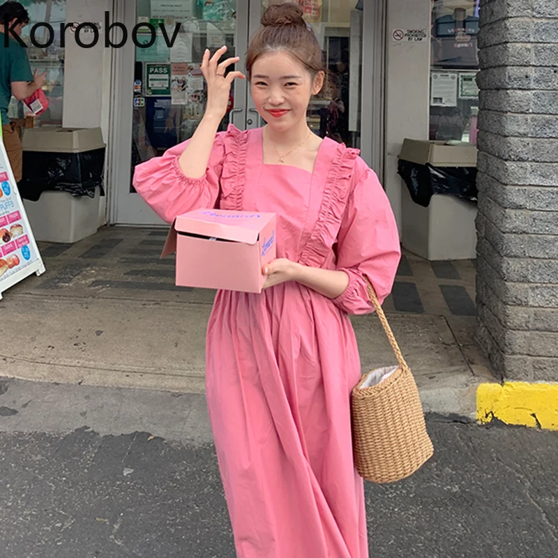 

Korobov Korean Chic Square Collar Long Sleeve Pink Dress Vintage Chic High Waist Women Dresses 2020 New Elegant Dress 2a723