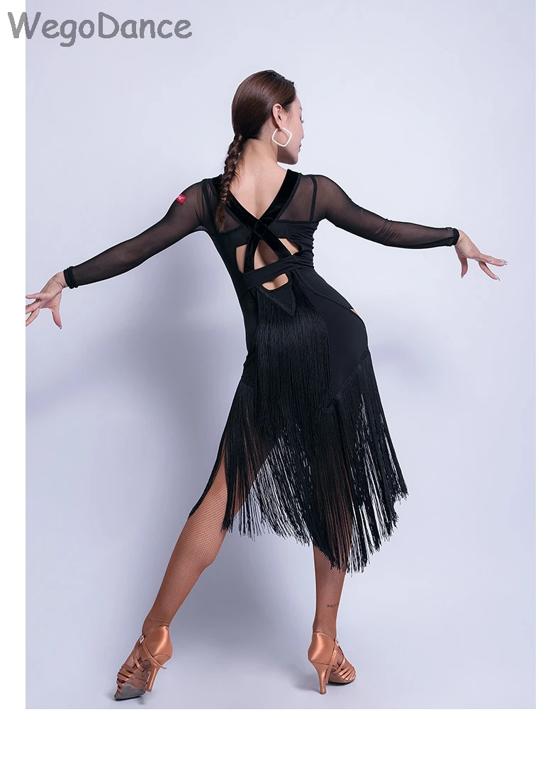 Новое Женское платье с кисточками для латинских танцев сексуальный танец костюмы соревнования Практика одежда сетка с длинным рукавом