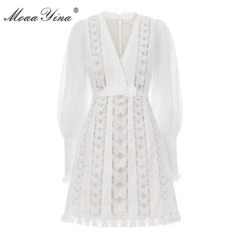 

MoaaYina Fashion Designer dress Spring Summer Women's Dress V-neck Lantern sleeve Lace Patchwork Vacation Dresses