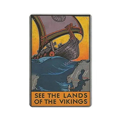 

See The Lands of The Vikings Wall Poster Tin Sign Vintage BBQ Restaurant Dinner Room Cafe Shop Decor