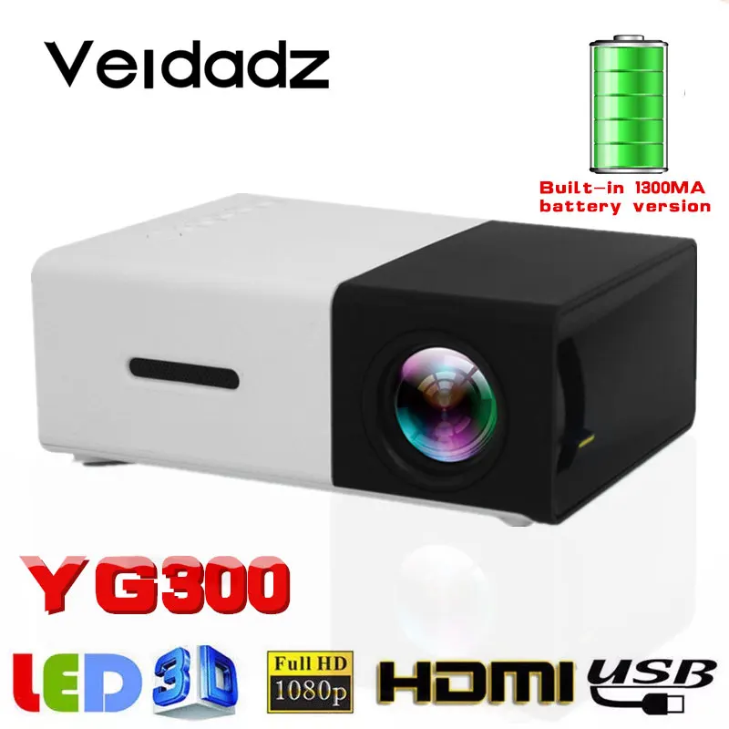 Портативный светодиодный мини проектор VEIDADZ YG300 встроенный аккумулятор 1300 мАч HDMI USB AV поддержка 1080P домашний