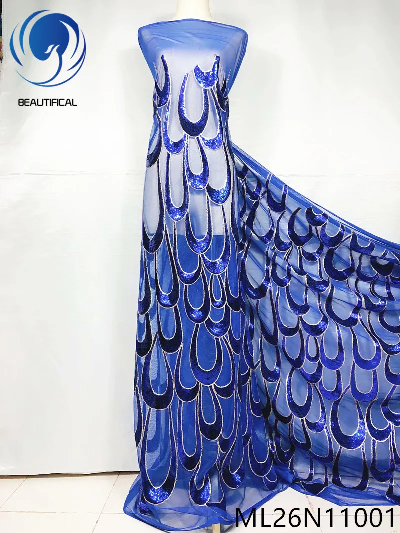 

BEAUTIFICAL Blue lace fabrics high quality blue sequins embroidery net lace fabric for dress 5yards nigerian laces ML26N110