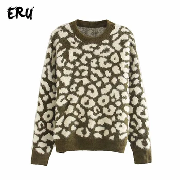 

ERU winter 2019 warm leopard sweater women o neck long sleeve pull femme knitted cotton casual ladies sweaters jumper