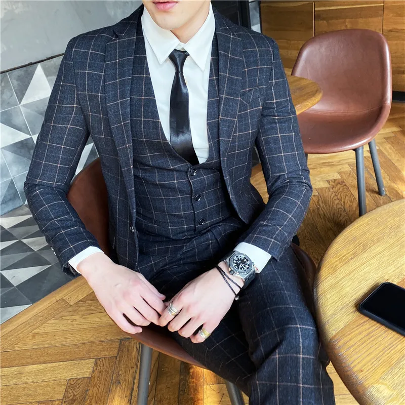 

New Three-piece Male Formal Office Plaids Suit Men Slim Boutique Plaid Wedding Dress Suits British Business Suit With Pants Vest
