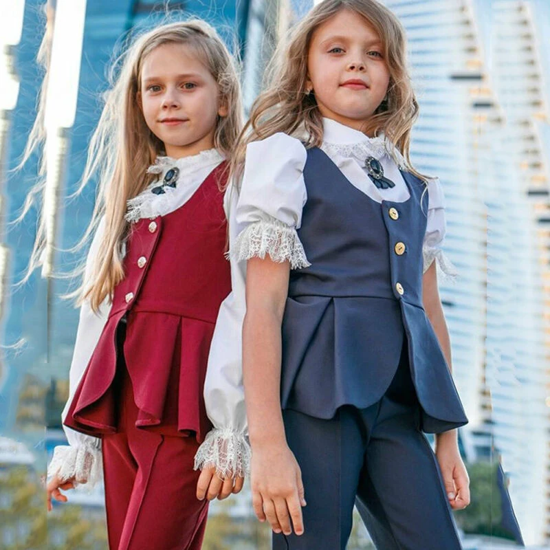 Pudcoco Toddler Baby Girl Formal Clothes 2019 New Kid Lace Sleeve Tops +Vest Suit Wedding Party England Style Outerwear 3PCS Set | Детская