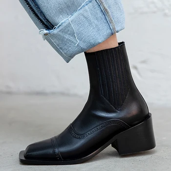 

2020 Autumn New Style Genuine Leather Women's Boots Fashion Chelsea Boots European Brands Square Head Fashion Women's Shoes
