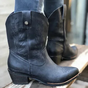 

Classic 2020 Embroidered Western Cowboy Boots for Women Leather Cowgirl Boots Low Heels Shoes Knee High Woman Boots