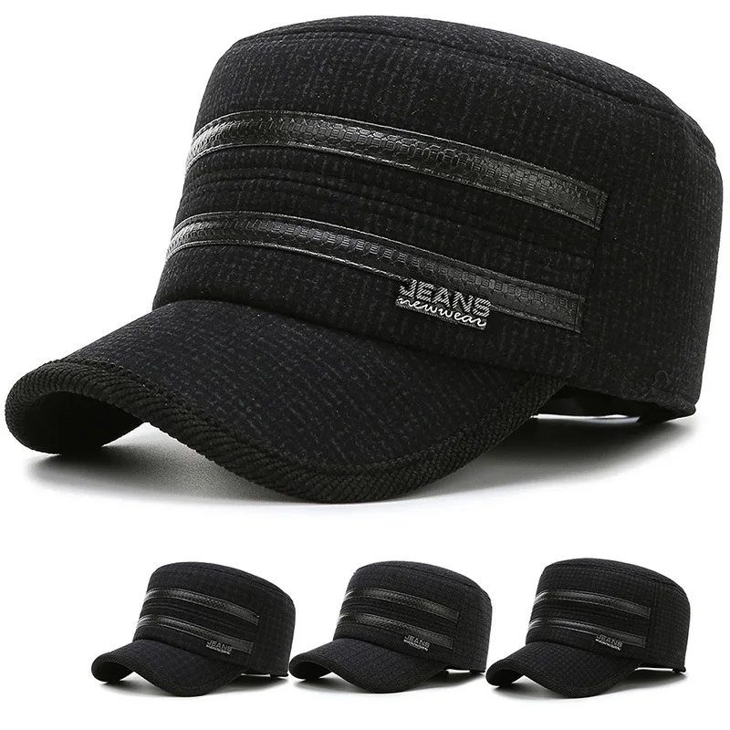 Новые осенние и зимние мужские повседневные спортивные плоские наушники среднего возраста Толстая теплая шапка