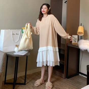 

2019 autumn and winter new pregnant women pleated stitching in the long sweater skirt Korean fashion pregnancy dress