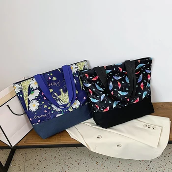 

Women Canvas Handbag Large Capacity Shoulder Bag Floral Travel Splicing Totes Youth Ladies Simple Versatile Bag