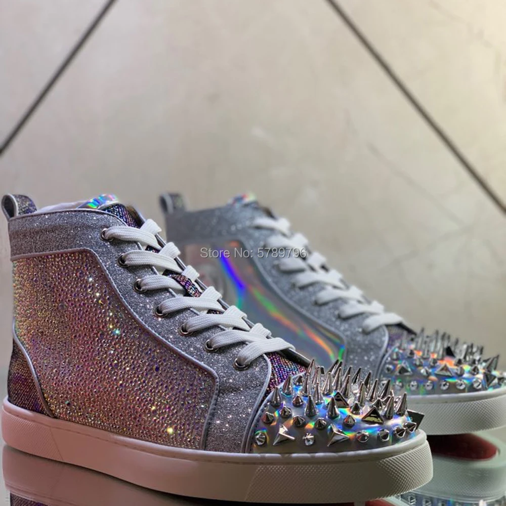 High Top Red Bottom Silver Genuine Leather For Men Spike Color Crystal Sports Shoes Casual Flats Loafers Rivets Toecap Sneakers High Top Red Bottom Silver Genuine Leather For Men Spike Color Crystal Sports Shoes Casual Flats Loafers Rivets Toecap Sneakers