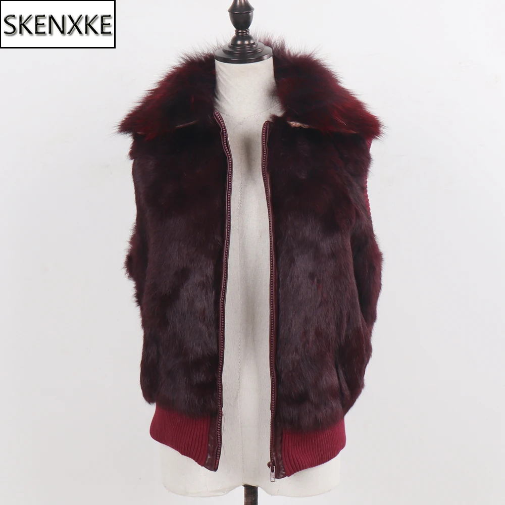 Natural Rabbit Fur Vest Winter Women 100% Genuine Rabbit Fur Gilet Lady Warm Rabbit Fur Sleeveless Jacket With Fox Fur Collar